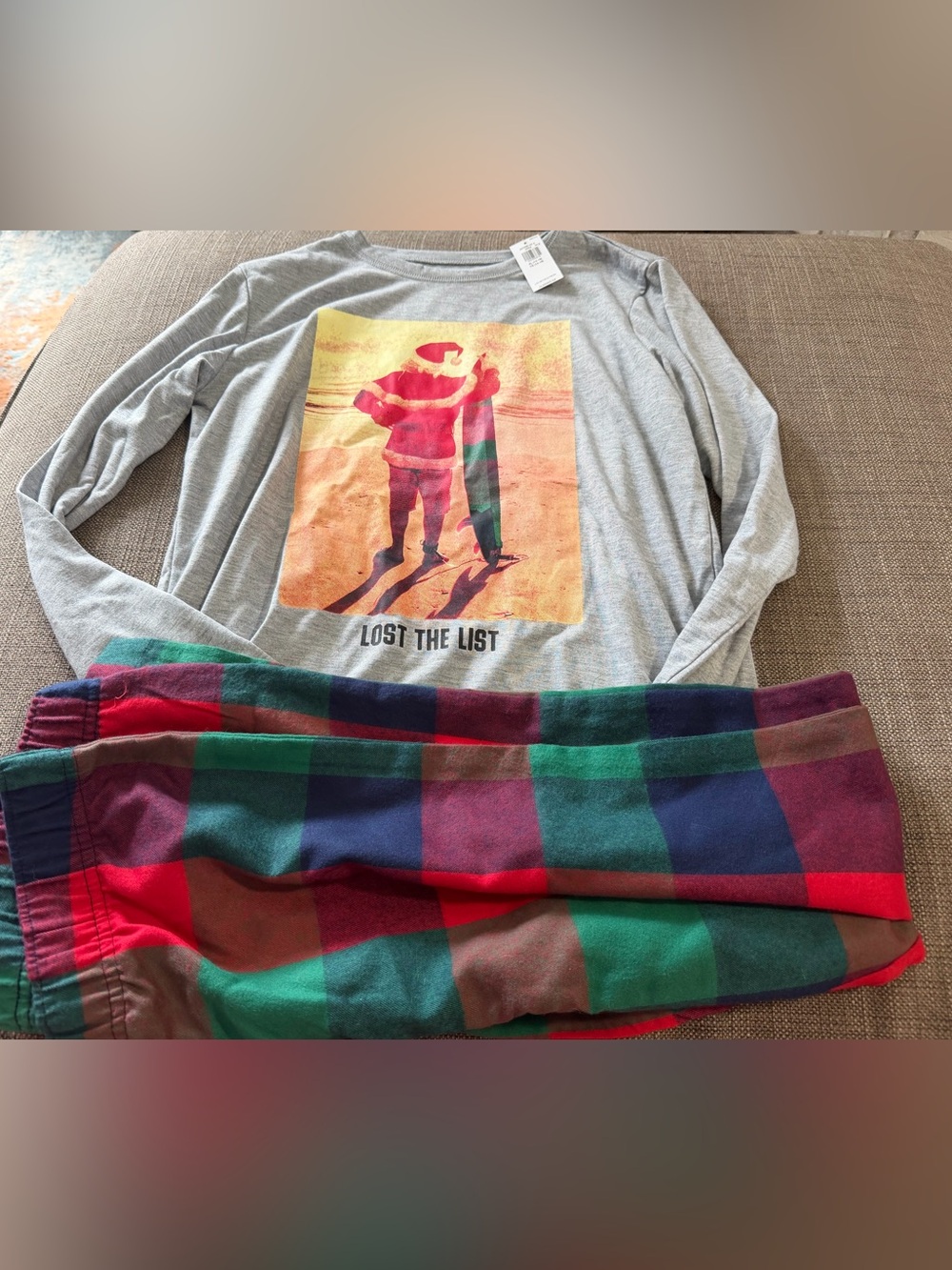 Old Navy Gray Long-Sleeve Graphic Tee with Red, Green & Navy Plaid Hem